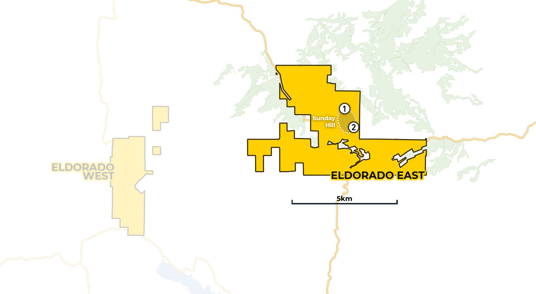Eldorado East Project Map highlighting Sunday Hill and exploration areas